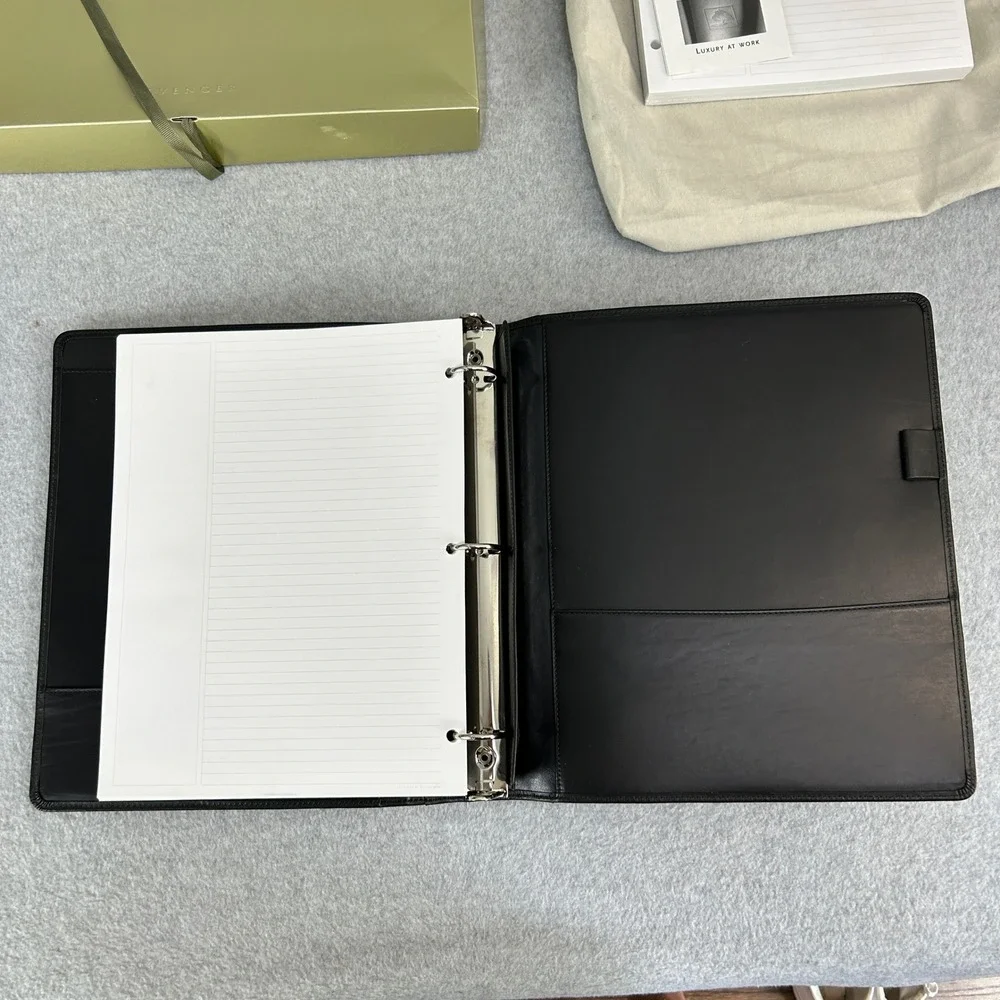 Levenger Leather 3-Ring Binder Organizer Black Refill Paper Box Dust Bag Large
